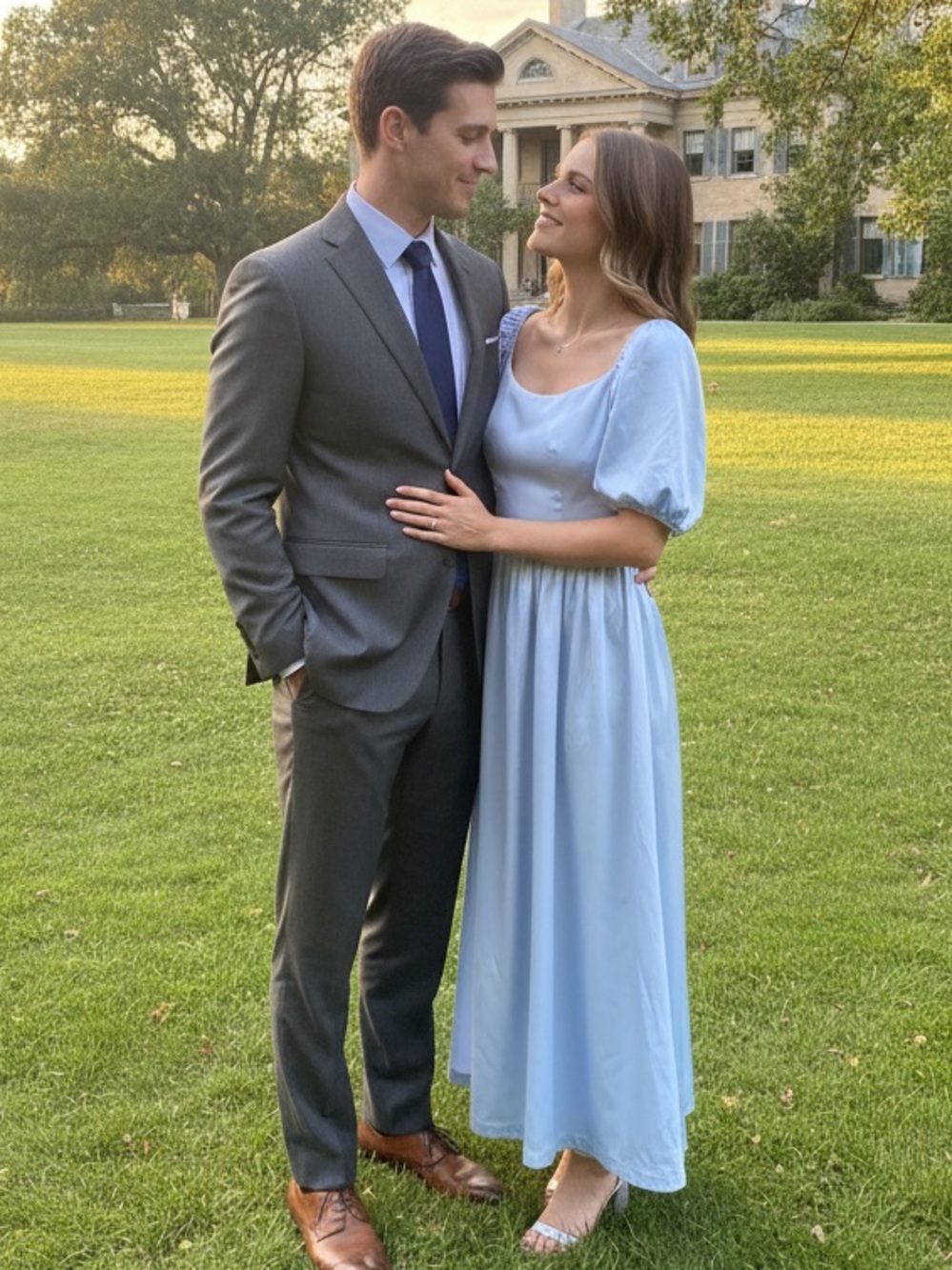 Silk Crepe Light Blue Puff Sleeve Maxi Dress